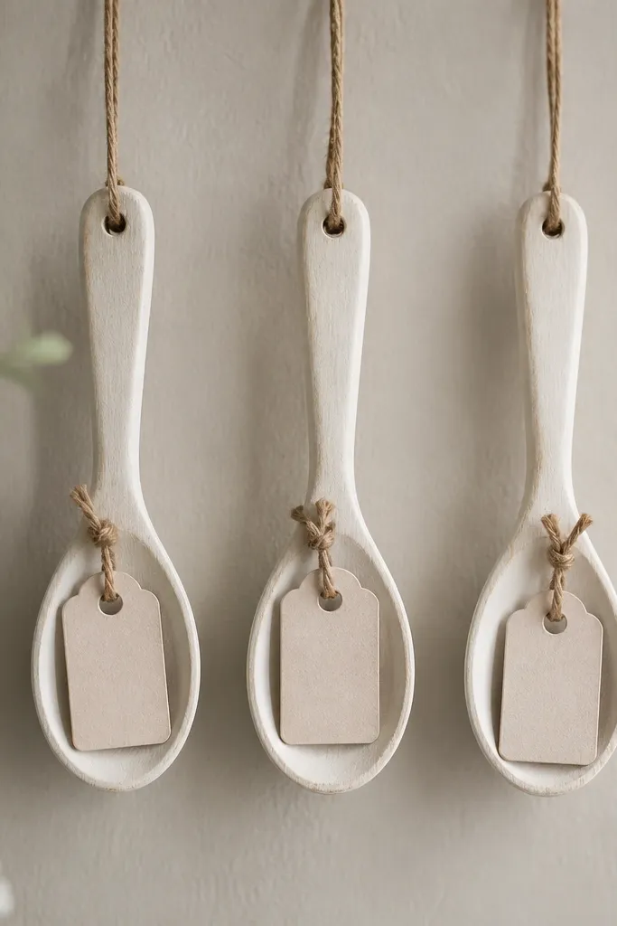 Three small wooden spoons painted off-white hang vertically from twine. Each spoon holds a mini prayer tag with a hole, tied with twine knots.