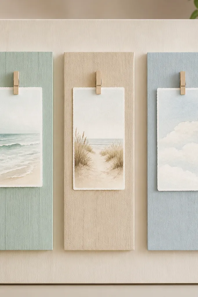 A light beige board with three narrow painted canvas strips in seafoam, sand, and soft sky. Prayer cards sit centered on each strip using tiny clips.