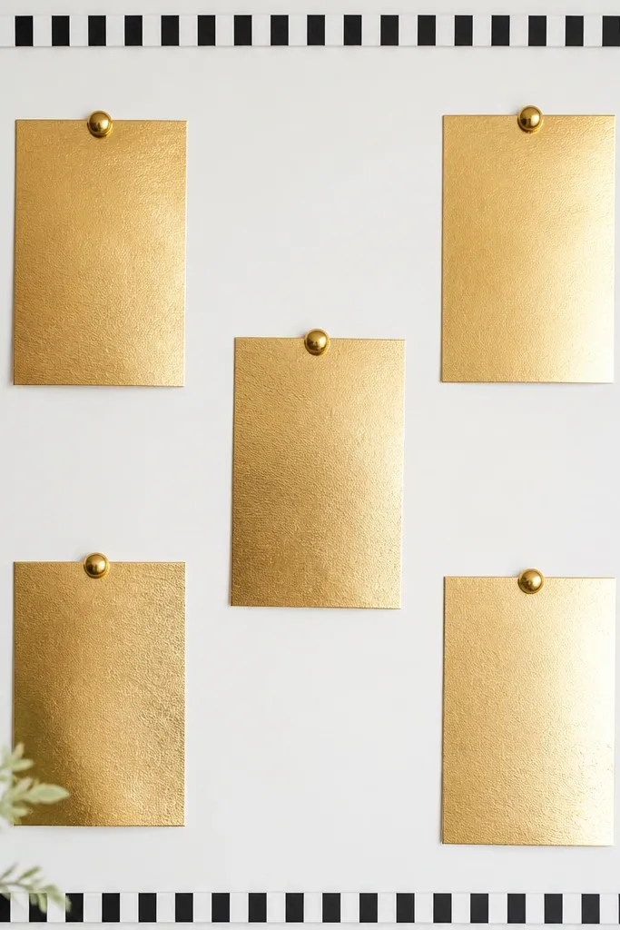 A whiteboard panel with a thin scrapbook paper border in black and white stripes. Gold-foil prayer cards sit in the center, pinned with gold push pins.