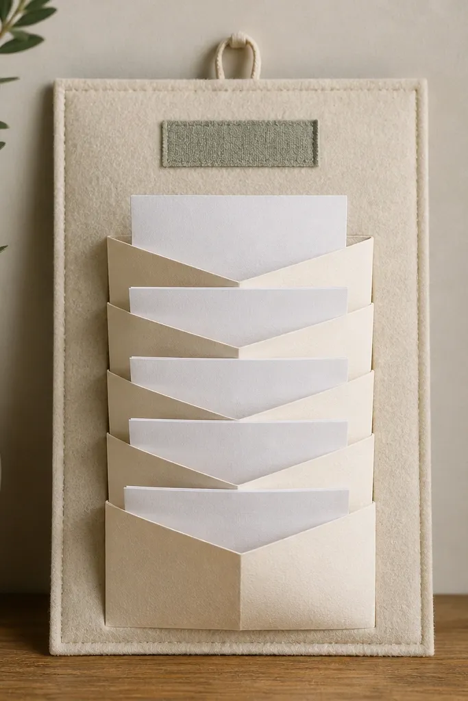 A felt panel with an accordion-style pocket made from folded cardstock. Multiple folded prayer slips slide into the pockets, and a small fabric label sits at the top.