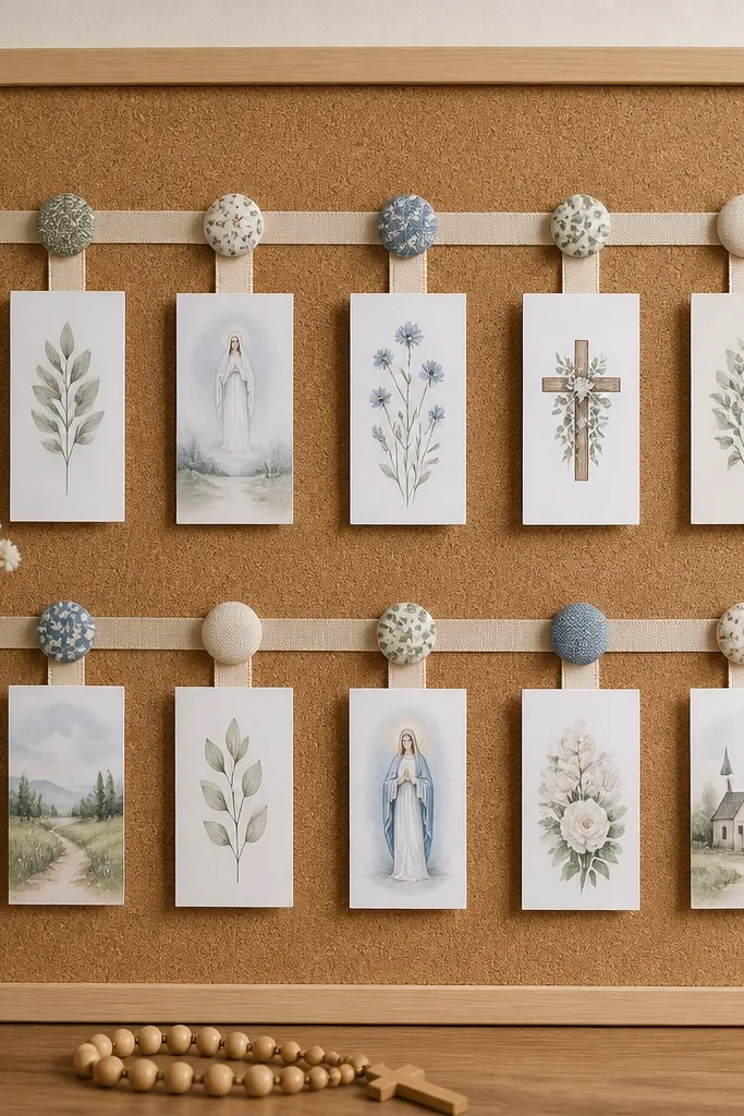 A cork board with two horizontal ribbon rows. Small fabric buttons act like anchors, and ribbon loops hold folded prayer cards like bookmarks.
