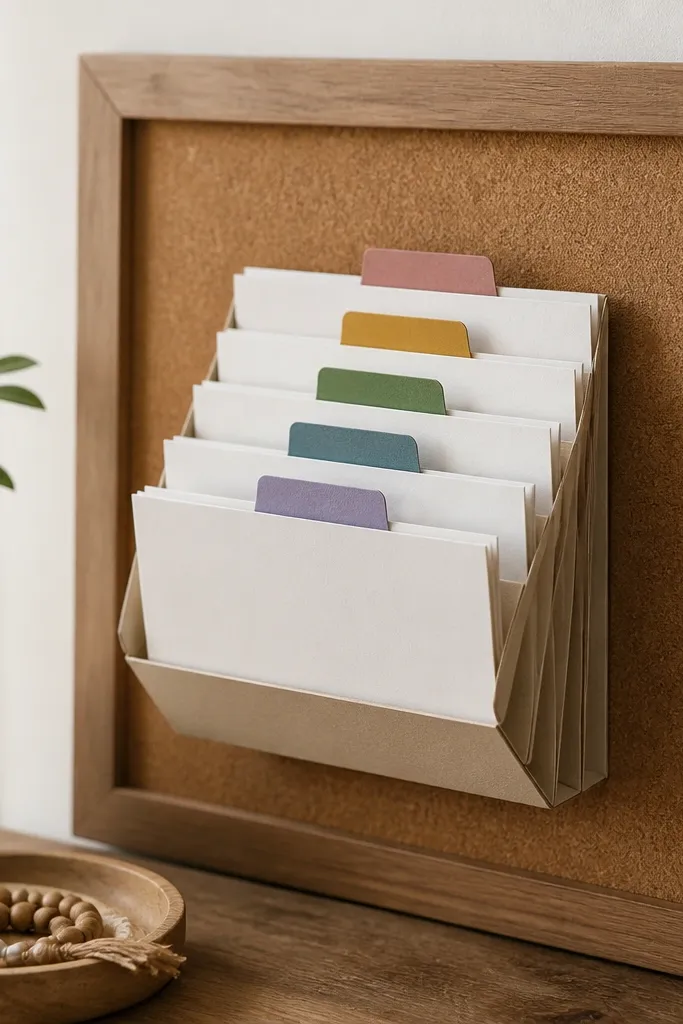 A framed cork board with a mini rolodex-style holder made from folded cardstock. Several card slots hold 3x5 prayers, each slot labeled with a small colored tab.