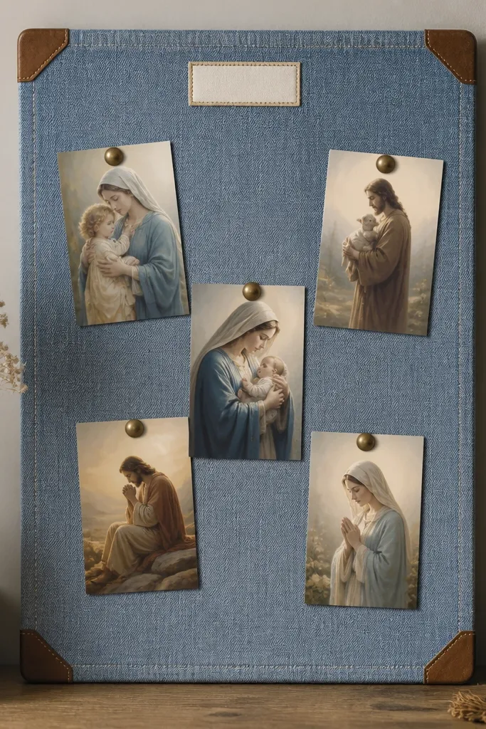 Light blue denim stretched over a board with small brown faux-leather corner patches. Prayer cards are pinned with antique bronze push pins, and a small stitched label sits at the top.