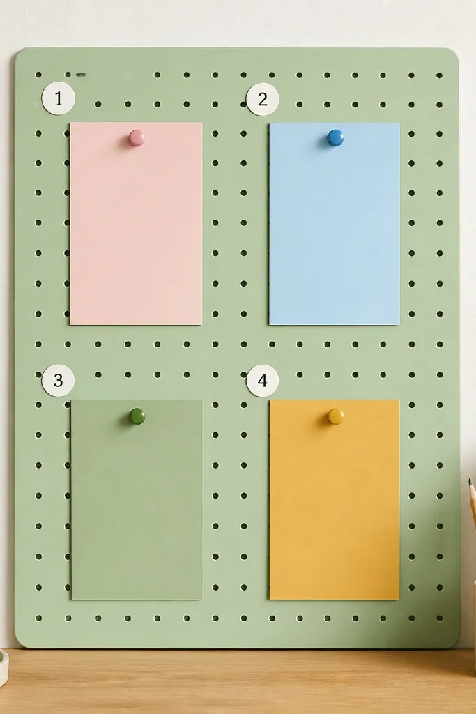 A mint green pegboard with four sections marked by small white circles containing numbers 1-4. Each section holds a different color card pinned with matching push pins.