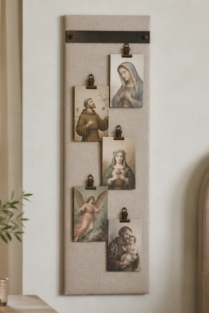 A vertical prayer board made from a narrow fabric panel attached to a backing. Along the top is a magnetic strip holding small metal clips, and prayer cards hang from the clips.