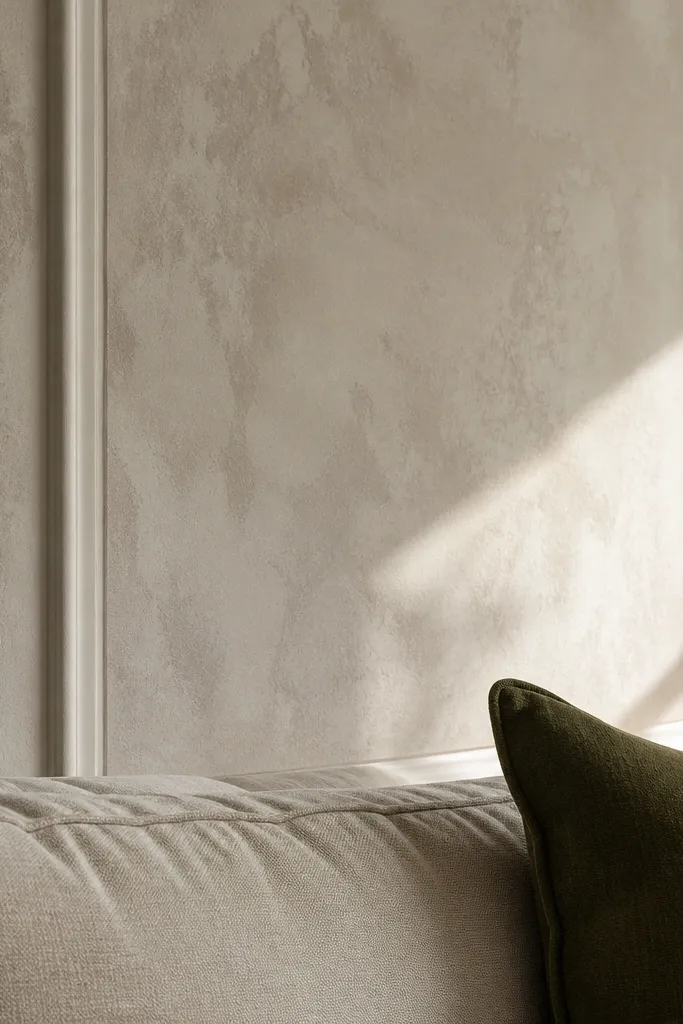 Warm white wall with cloudy limewash texture and a taupe tint