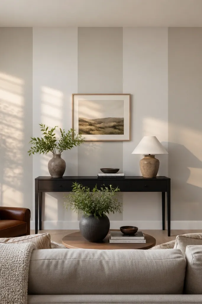 Removable vertical striped wall panels in light beige behind a sofa