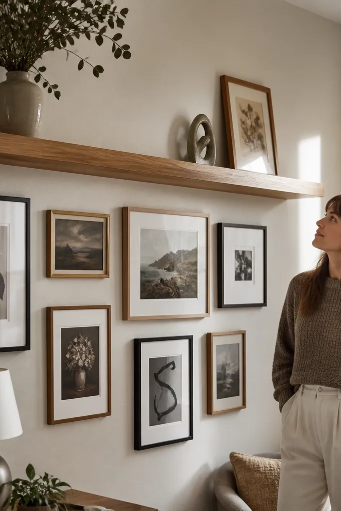 Floating wooden shelf with framed prints arranged in a staggered grid