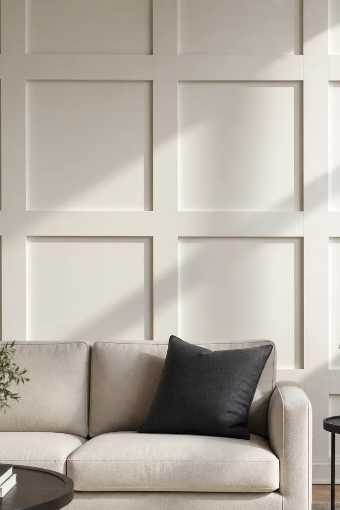 Warm white geometric wall trim grid with soft shadow lines