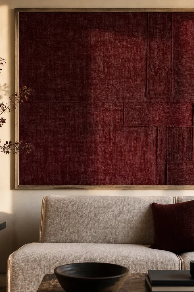Large fabric artwork inside a simple black frame with a deep green tone