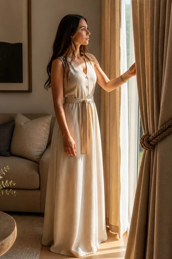 Floor-length curtains in warm beige with a dark tieback holding the fabric to the side