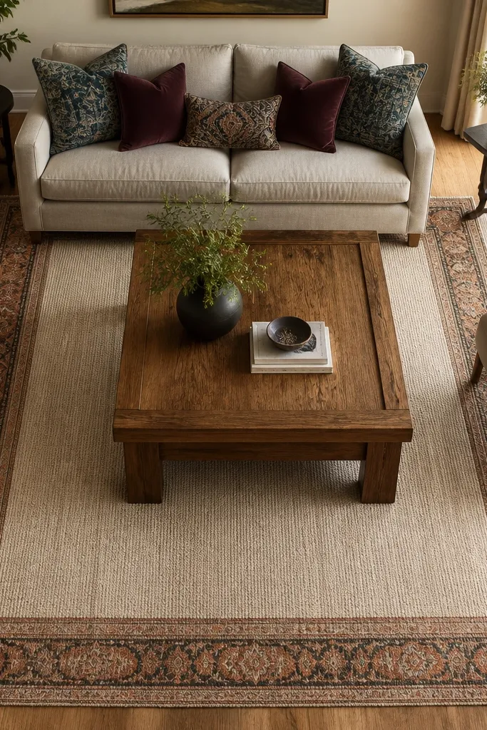 Layered rugs with a patterned border rug over a plain neutral base under seating