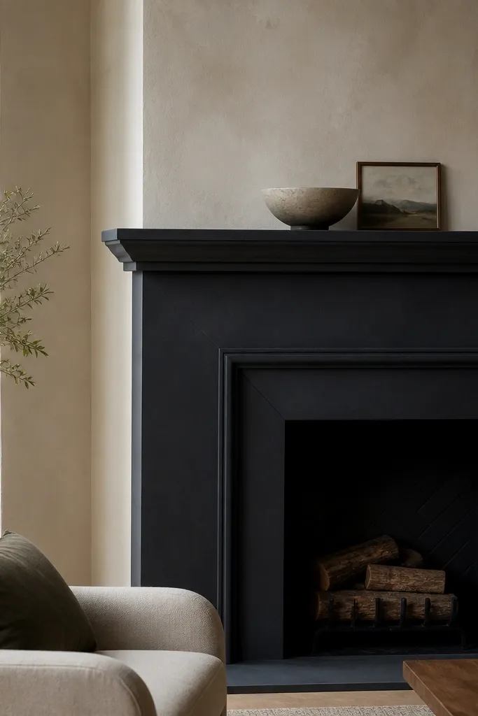 Matte charcoal fireplace surround with a soft plaster-like texture