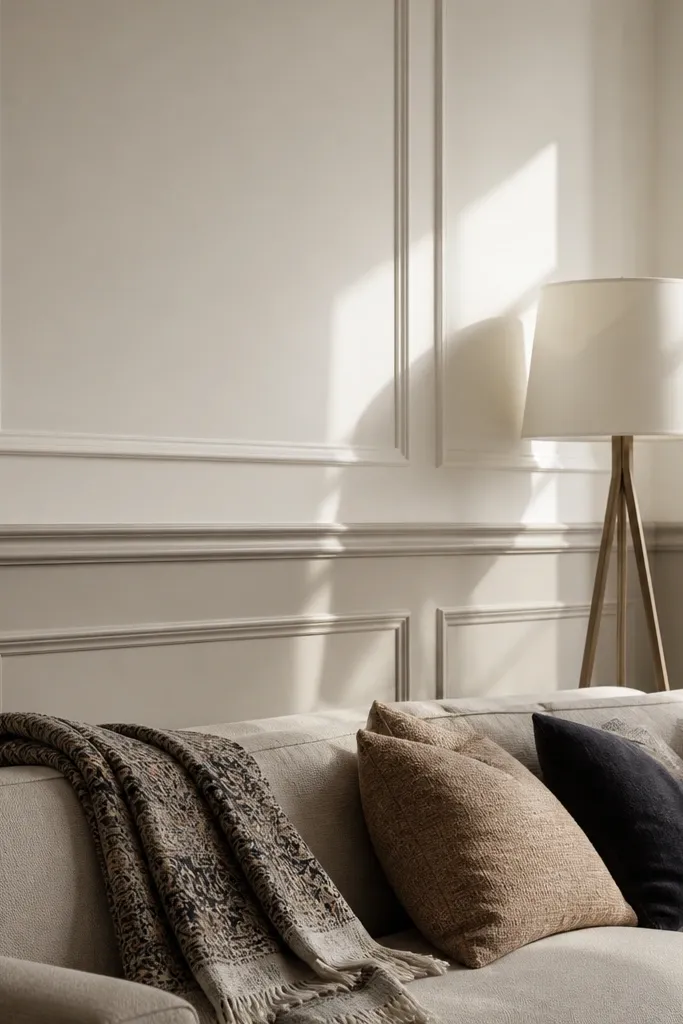 Warm white wall with chair rail trim and simple panel molding above a darker lower band