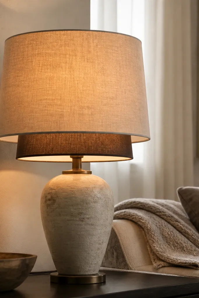 Linen-textured lampshade with warm glow and a darker inner band