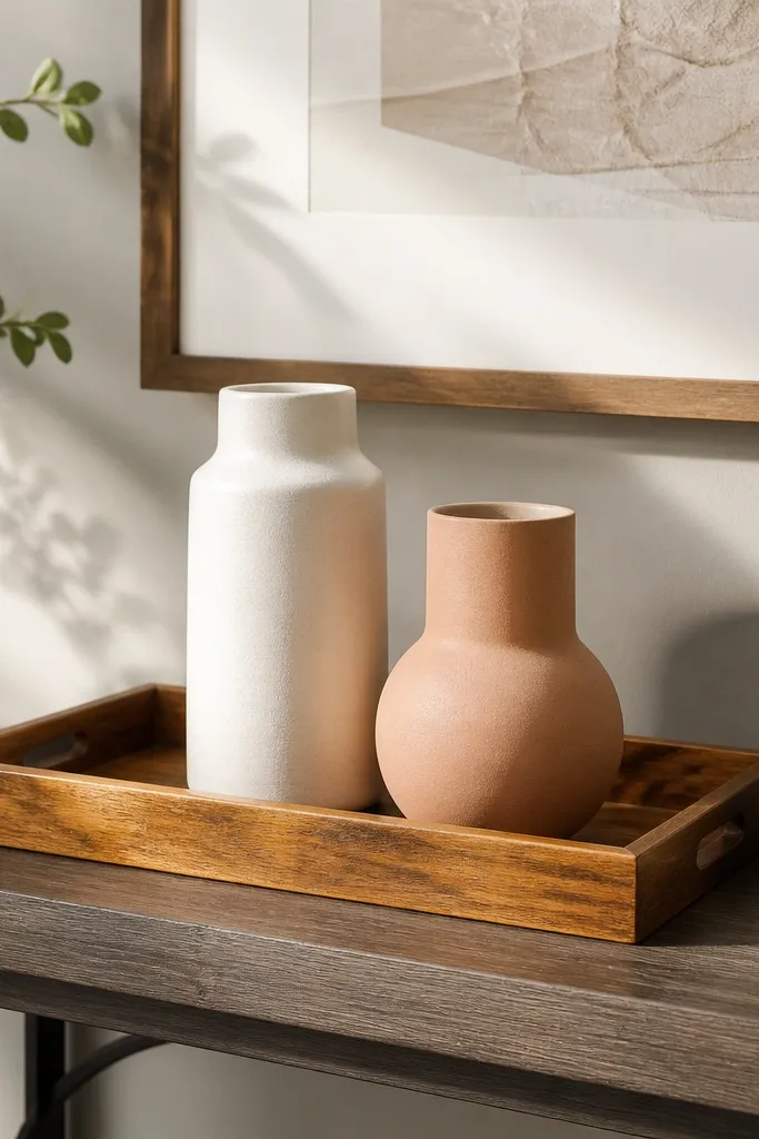 Wood tray on a console with two ceramic vases in different heights and a neutral lamp