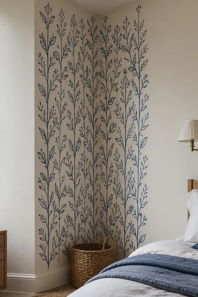 Corner wall with a repeating single-color botanical stencil pattern