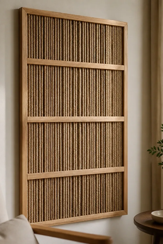 Wood slat wall art with jute stretched across in a grid pattern