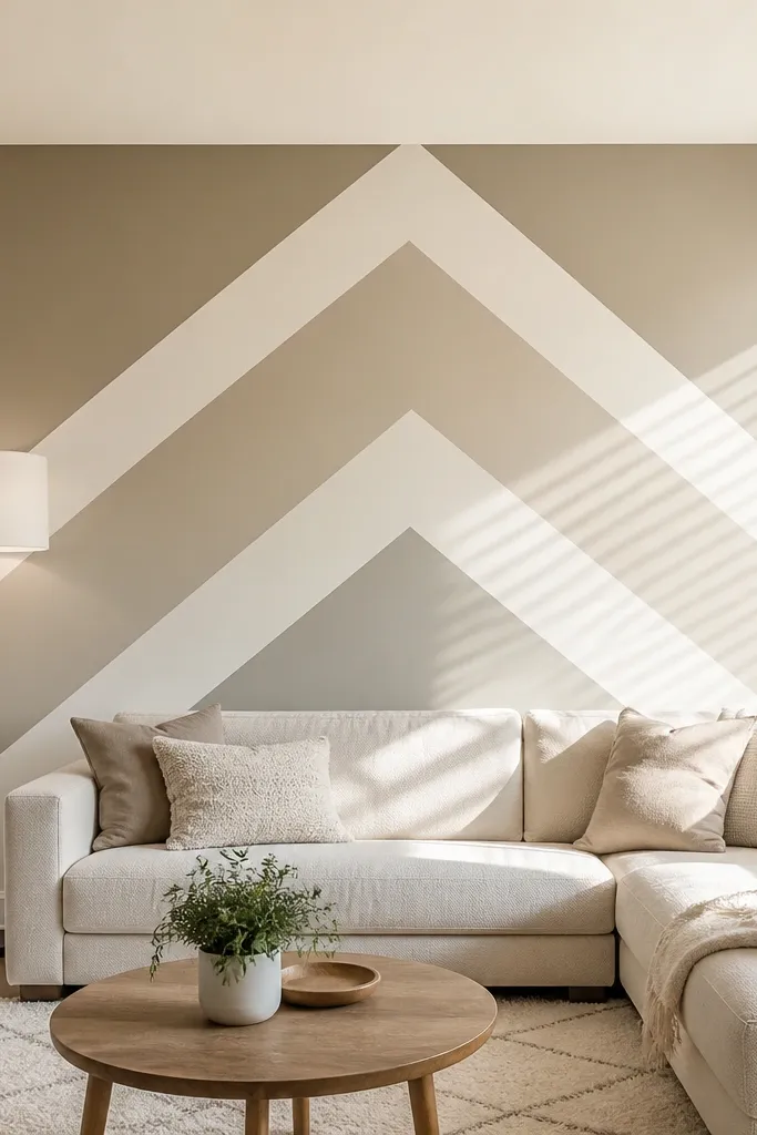 Accent wall with crisp geometric chevron pattern in two neutral tones