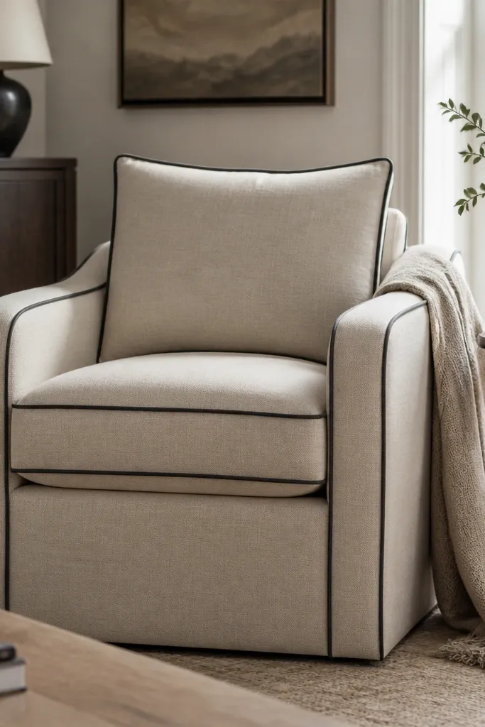 Two accent chairs with light slipcover panels and dark piping along edges