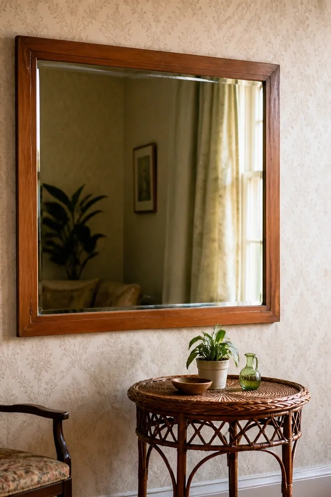 Stained wood framed mirror with a slim bevel mounted on a warm white wall