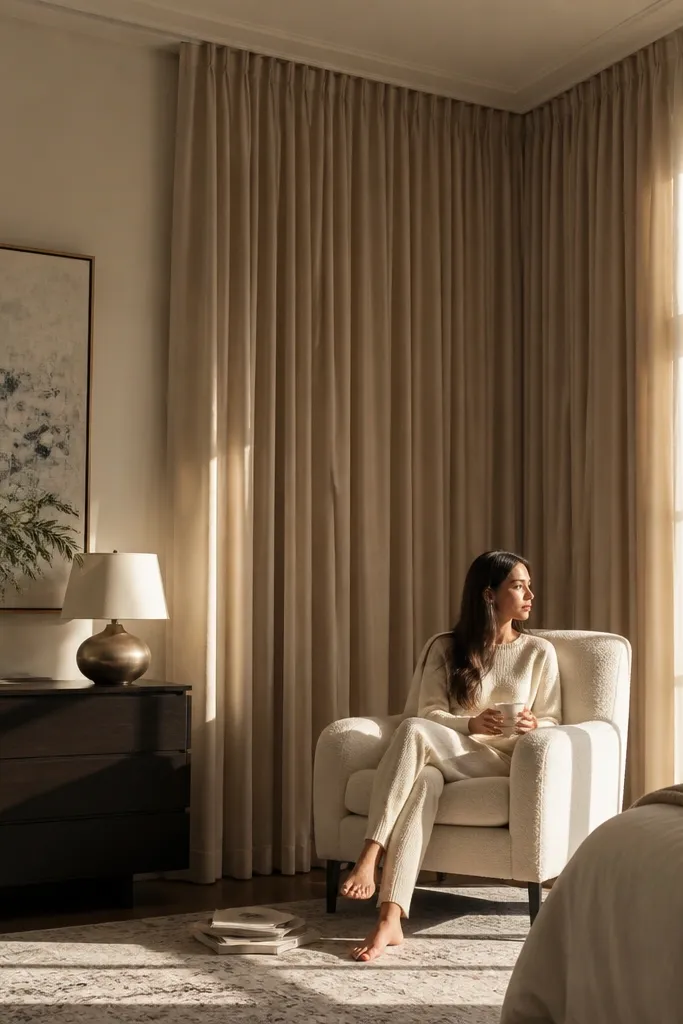 Ceiling-mounted curtain track with curtains falling straight to the floor