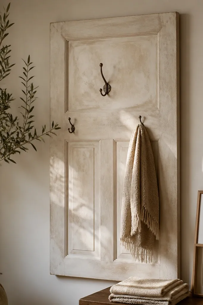 Limewashed wooden door slab mounted on a wall with a few hooks and decor
