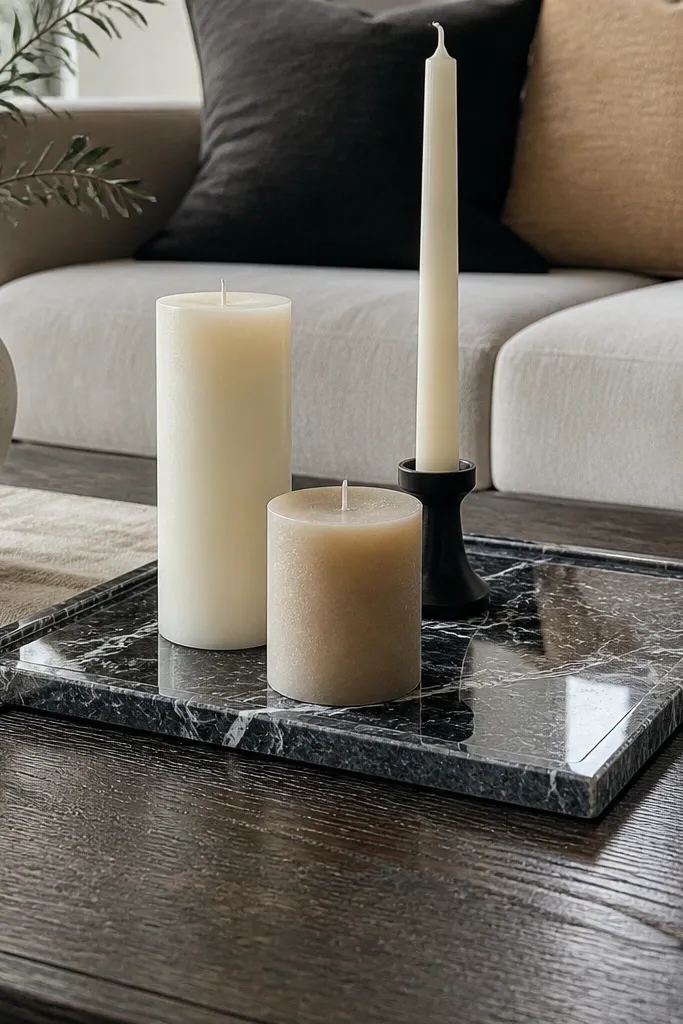 Coffee table with a marble-look tray, two candles, and a small book stack