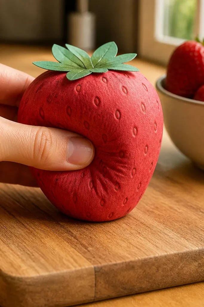 Red strawberry paper squishy with green top and small black seed dots.
