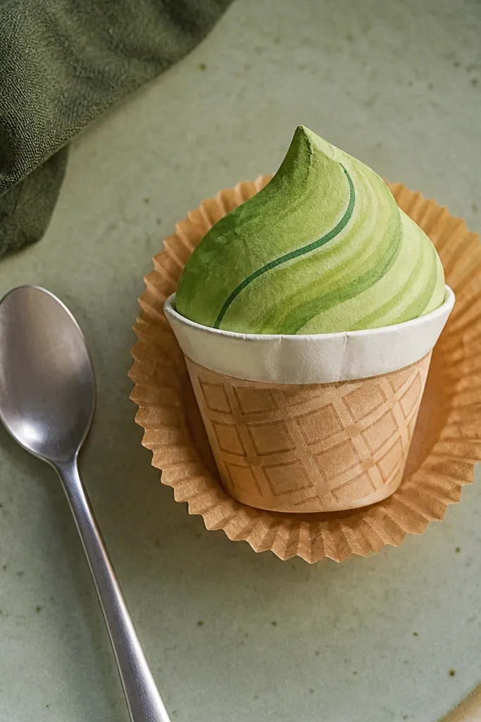Green matcha swirl paper squishy in a small waffle cup shape.