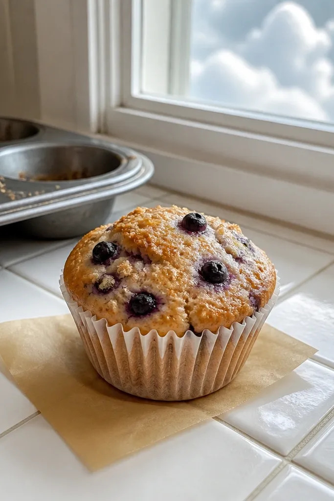Paper squishy muffin with purple blueberries and sandy crumb top.