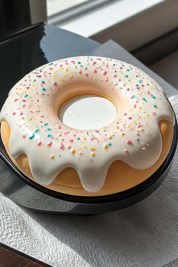 Glazed donut paper squishy with a hole in the center and colorful sprinkles.