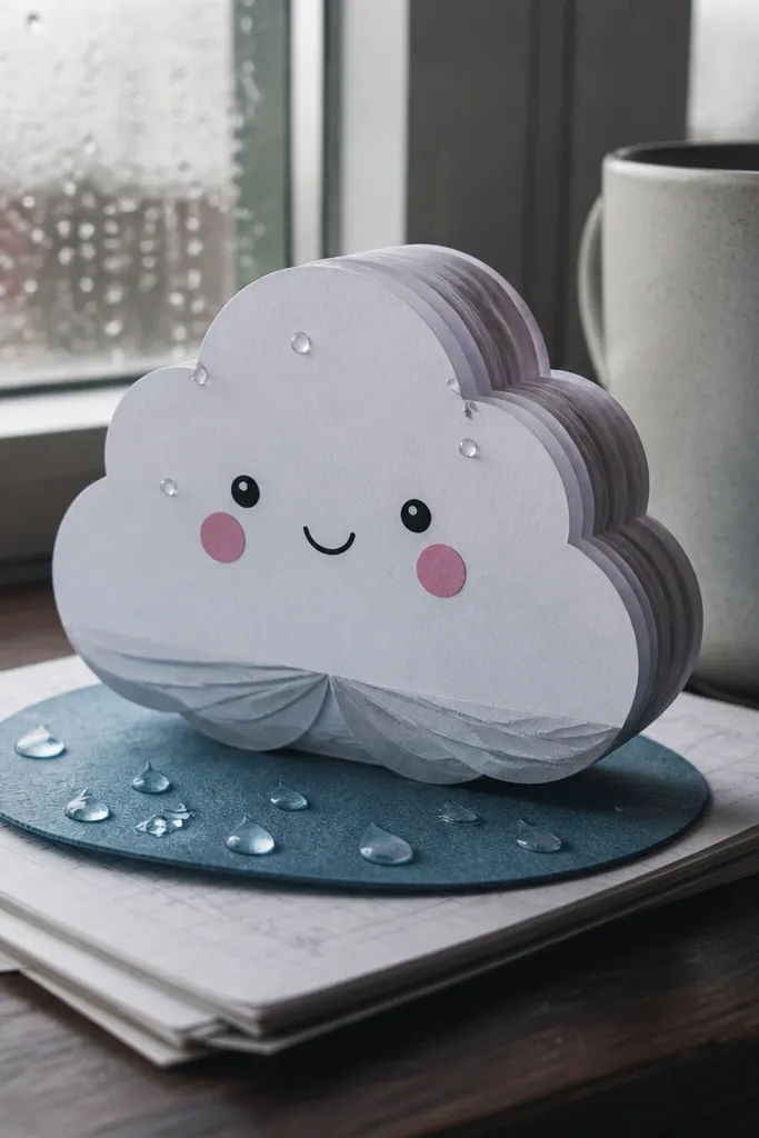 White cloud paper squishy with small blue raindrops hanging below.