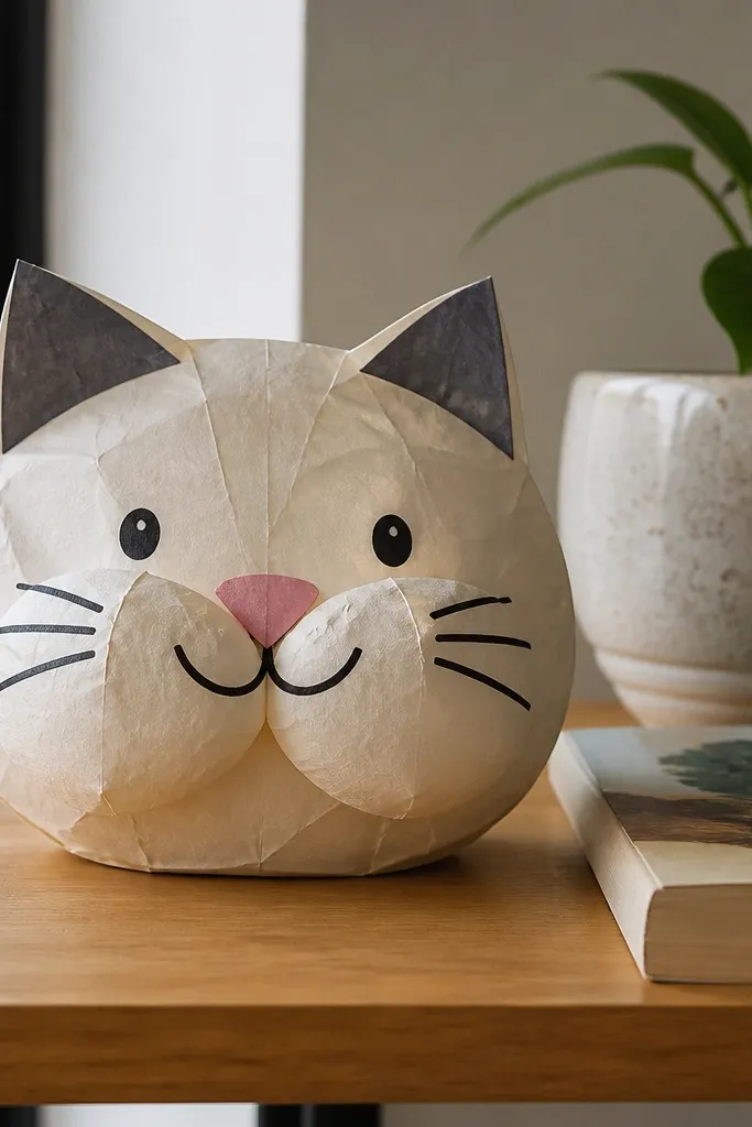 Cat face paper squishy with whiskers, rounded cheeks, and small ears.