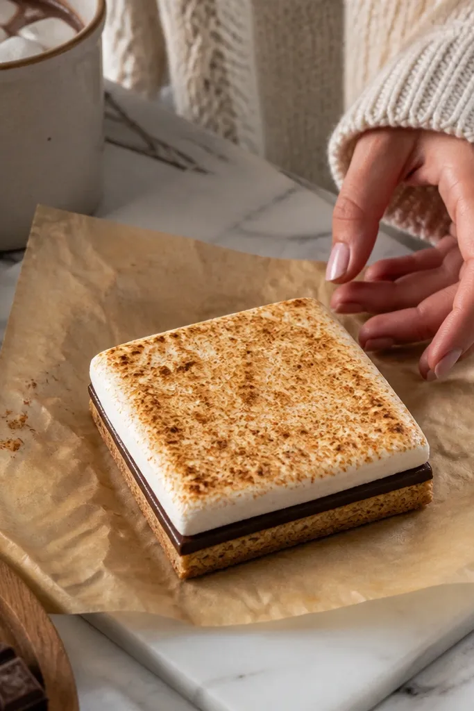 Square paper squishy s'mores with brown toast, white marshmallow, and chocolate layer.
