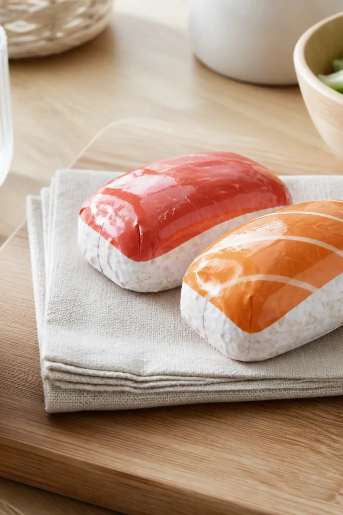 Paper squishy sushi nigiri with pink topping and pale rice strip.