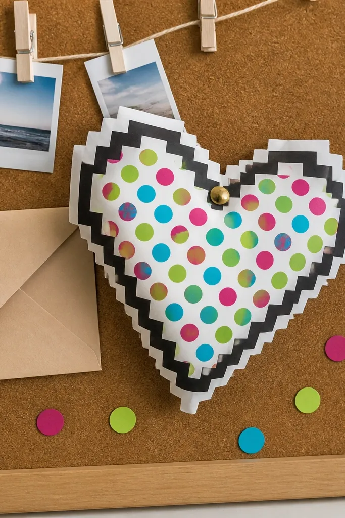 Red heart paper squishy with tiny colorful pixel confetti dots.