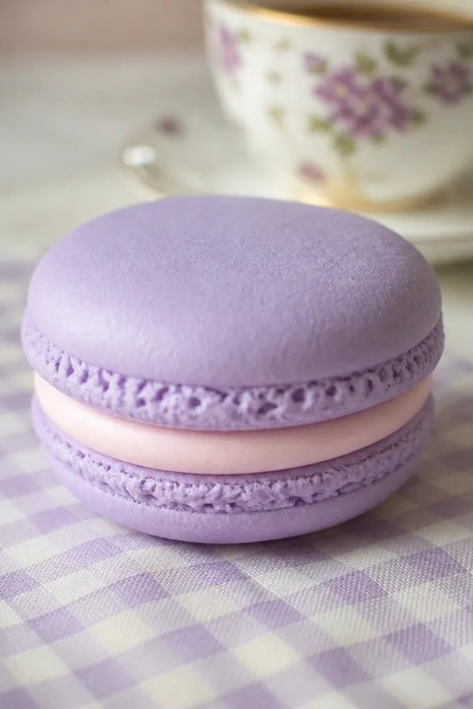 Two lavender macaron shells with a pale filling layer.