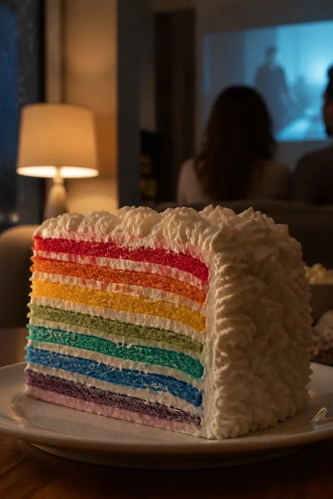Rainbow layer cake slice paper squishy with white frosting and tiny ruffle edges.