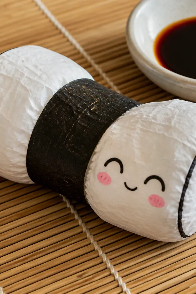 Paper squishy sushi roll with green nori stripes and a smiling face.