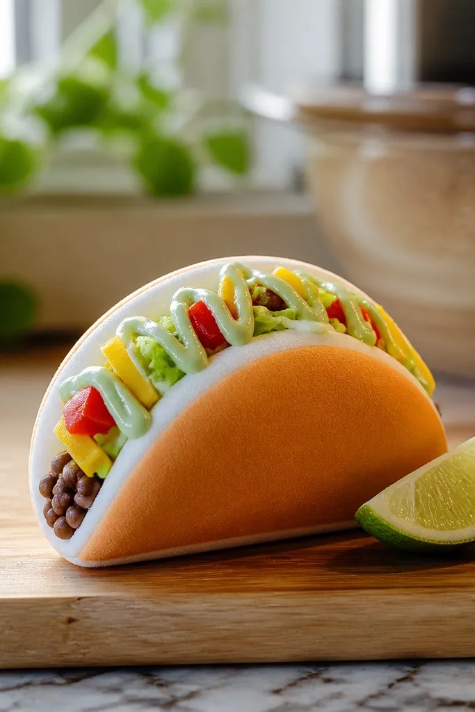 Paper squishy taco shell with green drizzle and tiny filling bits.
