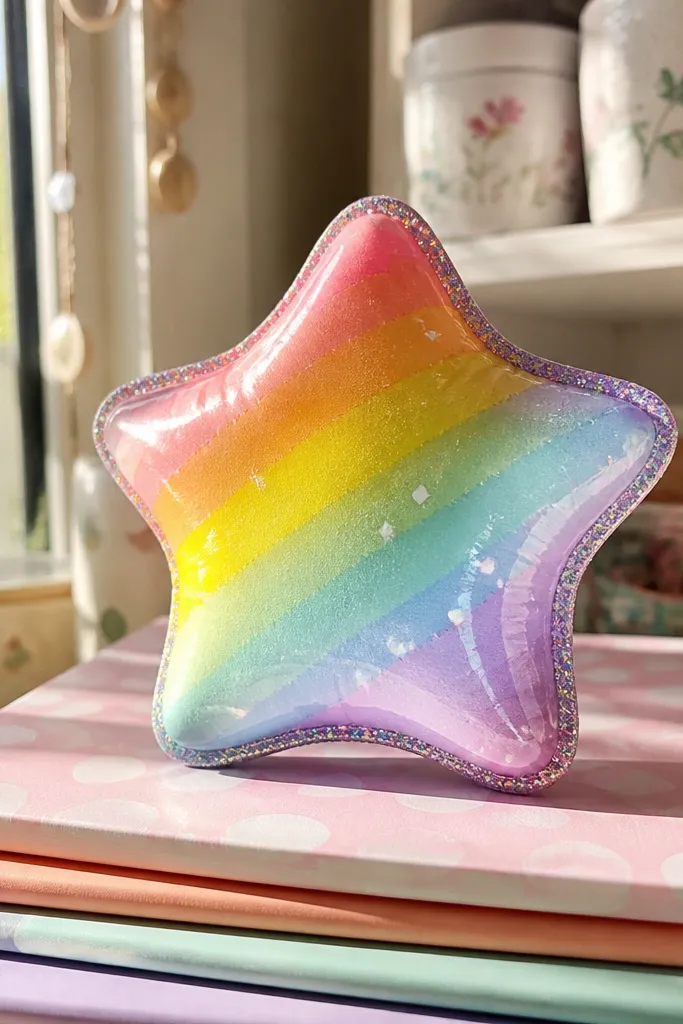 Rainbow star paper squishy with pastel glittery edges.