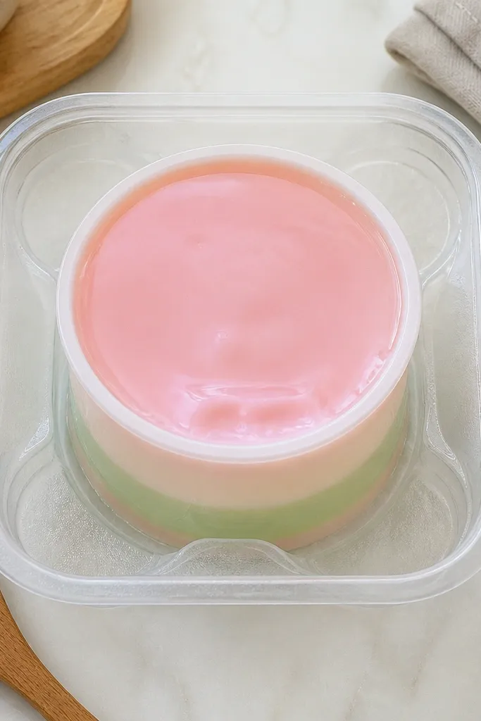 Paper squishy pudding cup with layered colors and a glossy top.
