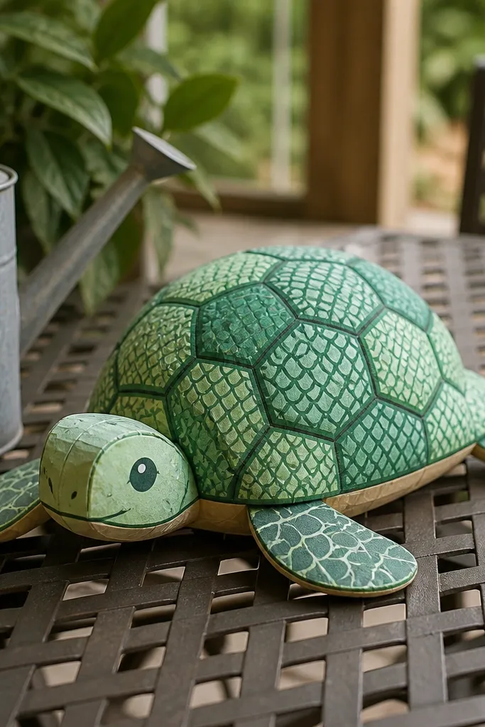 Turtle shell paper squishy with green patterned scales and small head.