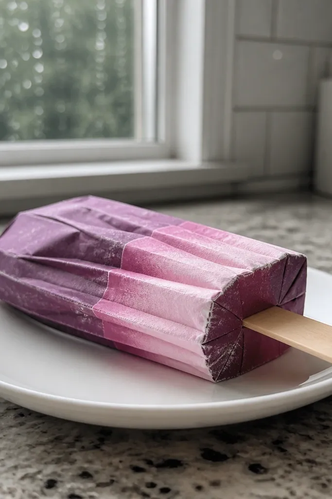 Berry ice pop paper squishy with purple and pink layered stripes and a stick.