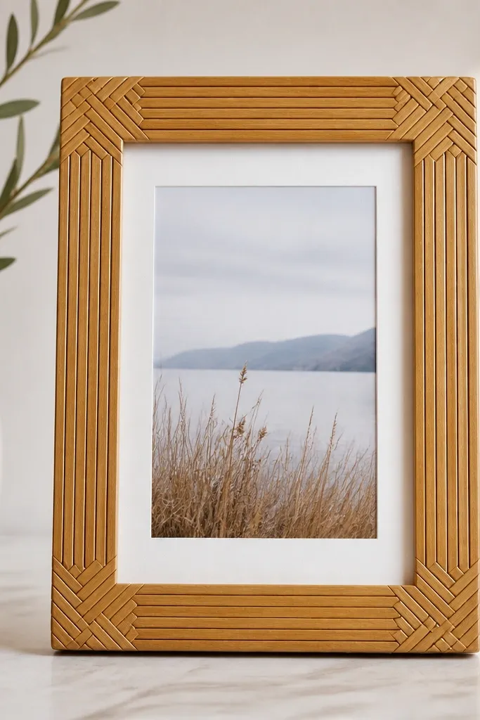 A 4x6 frame with a border made from coffee stir sticks arranged in a herringbone pattern only at the corners, with straight stick runs on the sides. The wood is stained light oak and sealed.