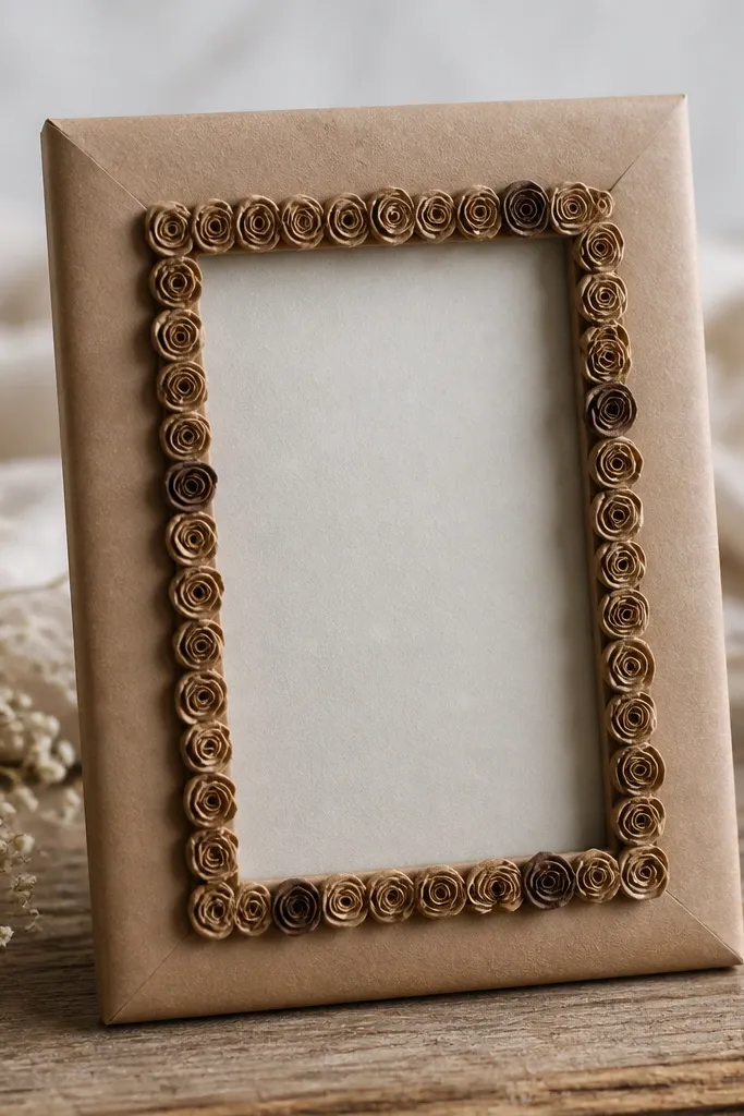 A 5x7 frame wrapped in kraft paper with a thin border of small rolled paper roses around the inner edge. The roses are light brown with a few darker centers.