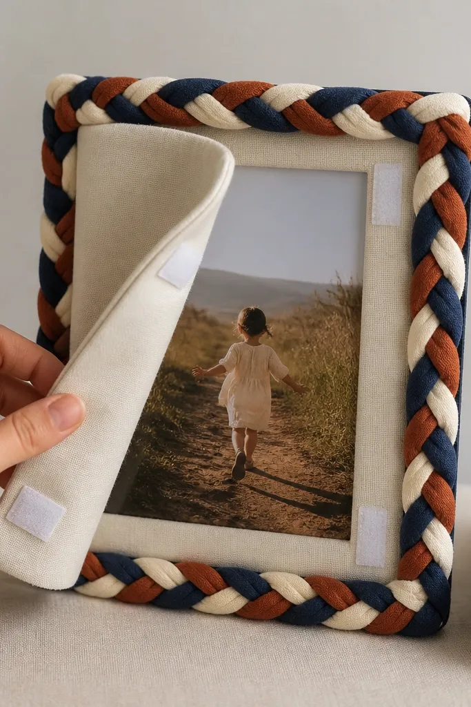 A 4x6 frame with a braided border made of three fabric strips (cream, rust, and navy). The photo is held behind a removable fabric-covered flap with visible Velcro tabs.
