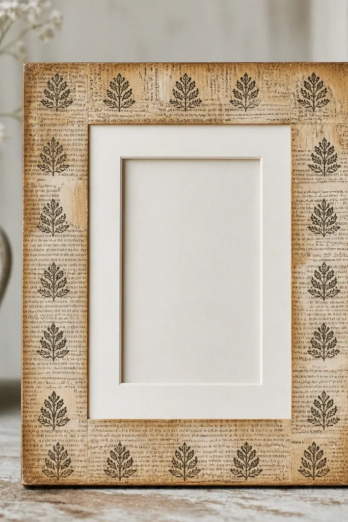 A 5x7 frame covered in aged book pages with a crisp inner mat. Along the border, a stamp pattern in dark ink repeats every inch, and the edges have a light coffee stain.