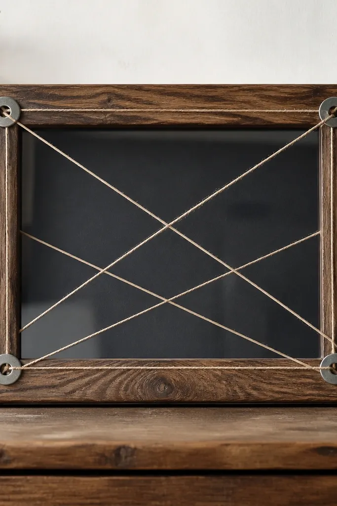 A 4x6 frame with four metal washers at the corners. Twine is wrapped around the washers and crosses diagonally behind a clear acrylic window, with a dark backing board.